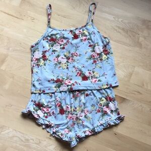Floral Print Pajama Set - Blue and Red
